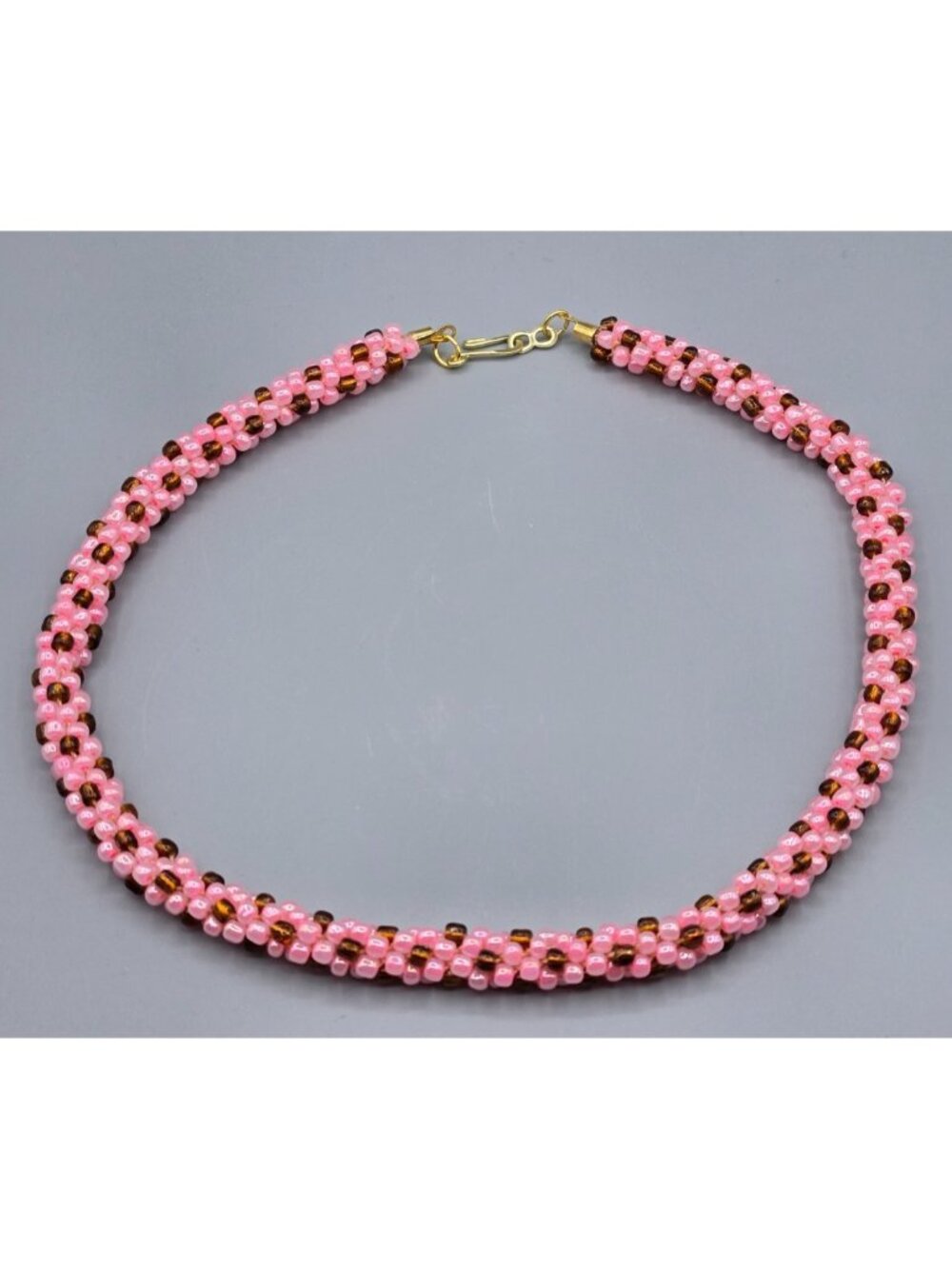 Large Pink and Brown Seed Bead Kumihimo Necklace with Gold Tone Hook Clasp 19 in